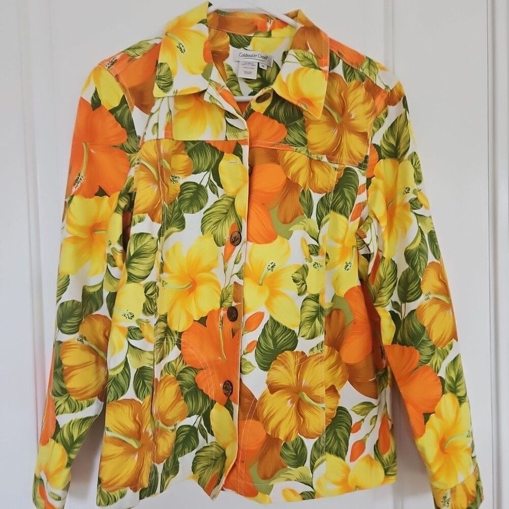 Coldwater‎ Creek Cotton Jacket Bright Floral Hibiscus Fun Pockets Size MED.